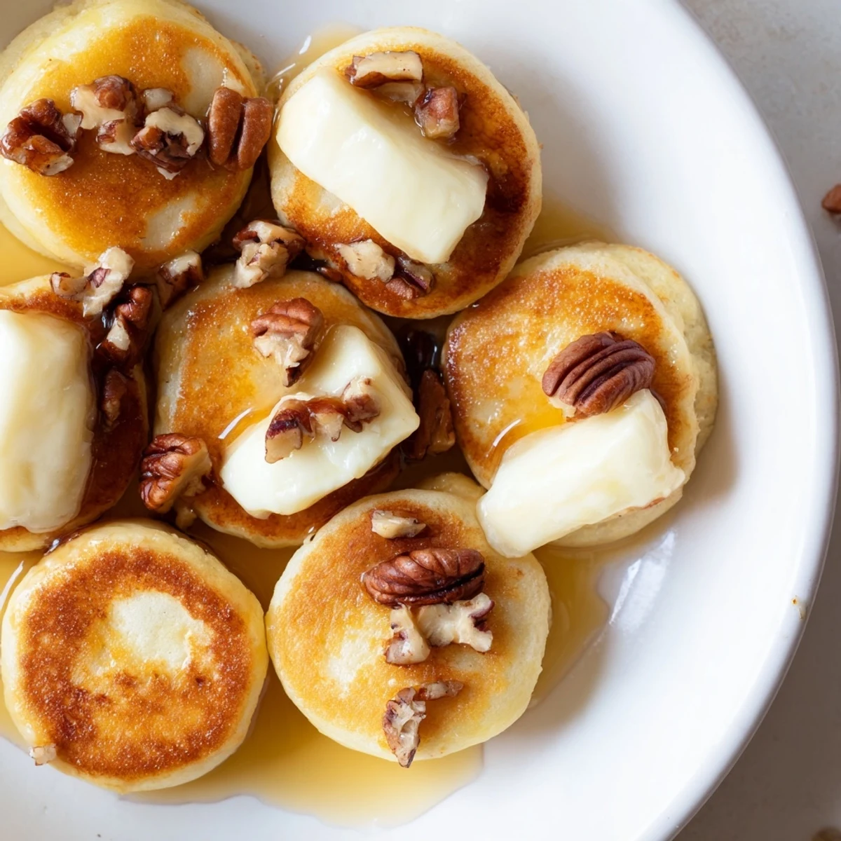 Golden-brown Pancake Brie Bites, a delightful appetizer with warm, melted brie inside.