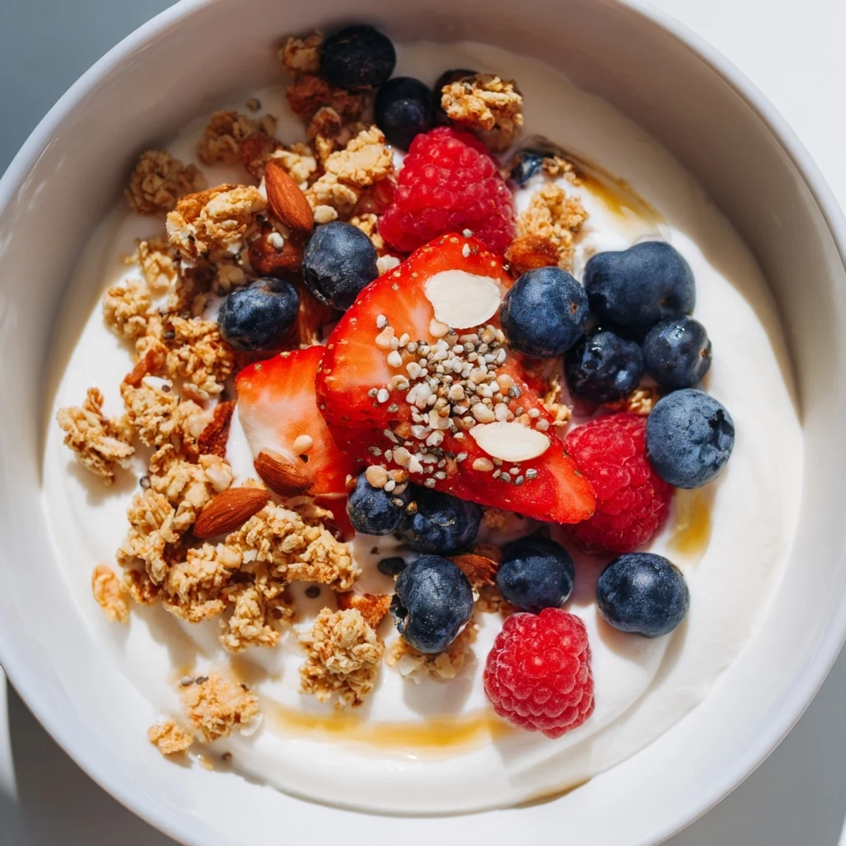 Creamy Greek yogurt bowl topped with berries, a protein boost, and crunchy granola for breakfast.