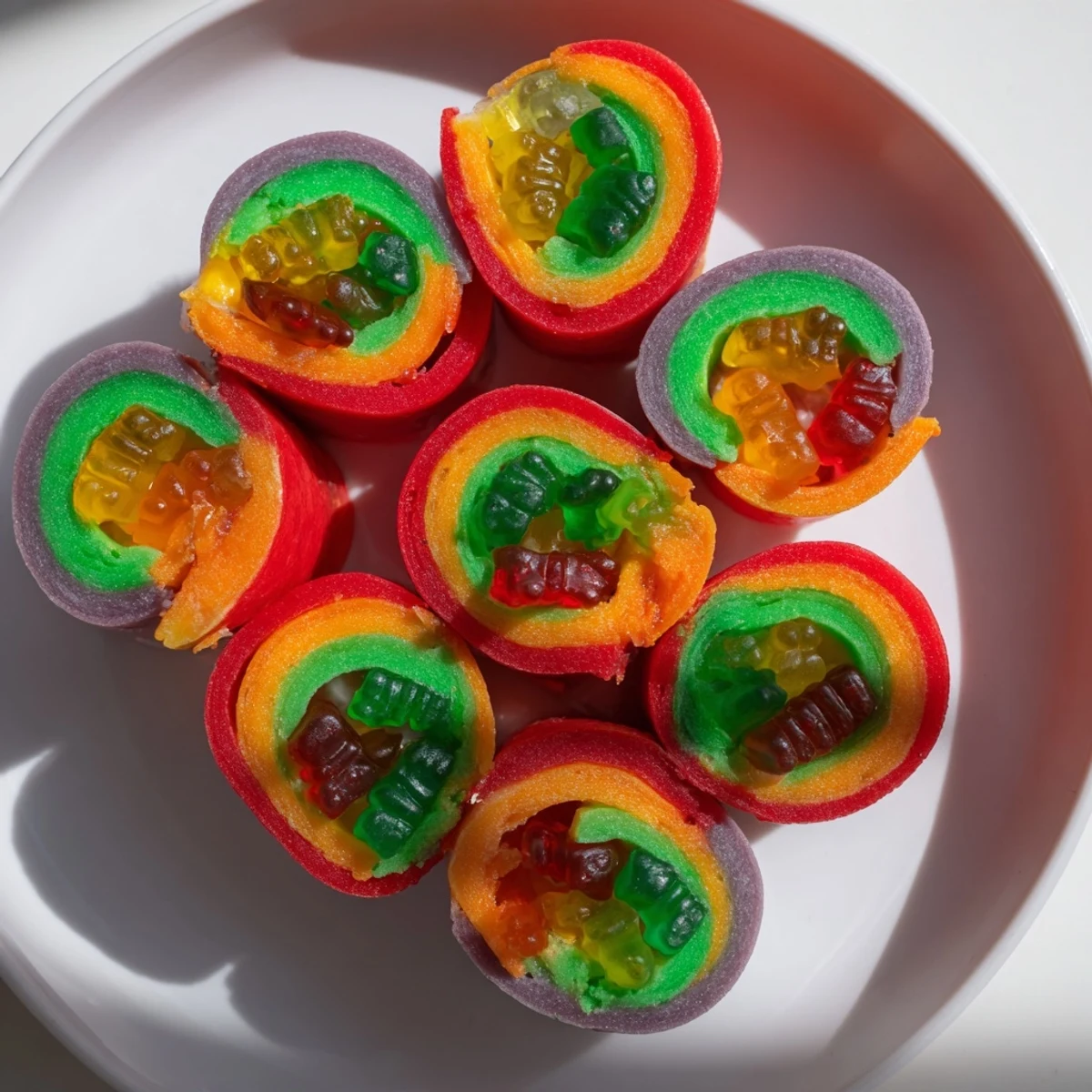 Vibrant Rainbow Candy Roll Ups, with colorful gummy candy spirals for a sweet party treat.