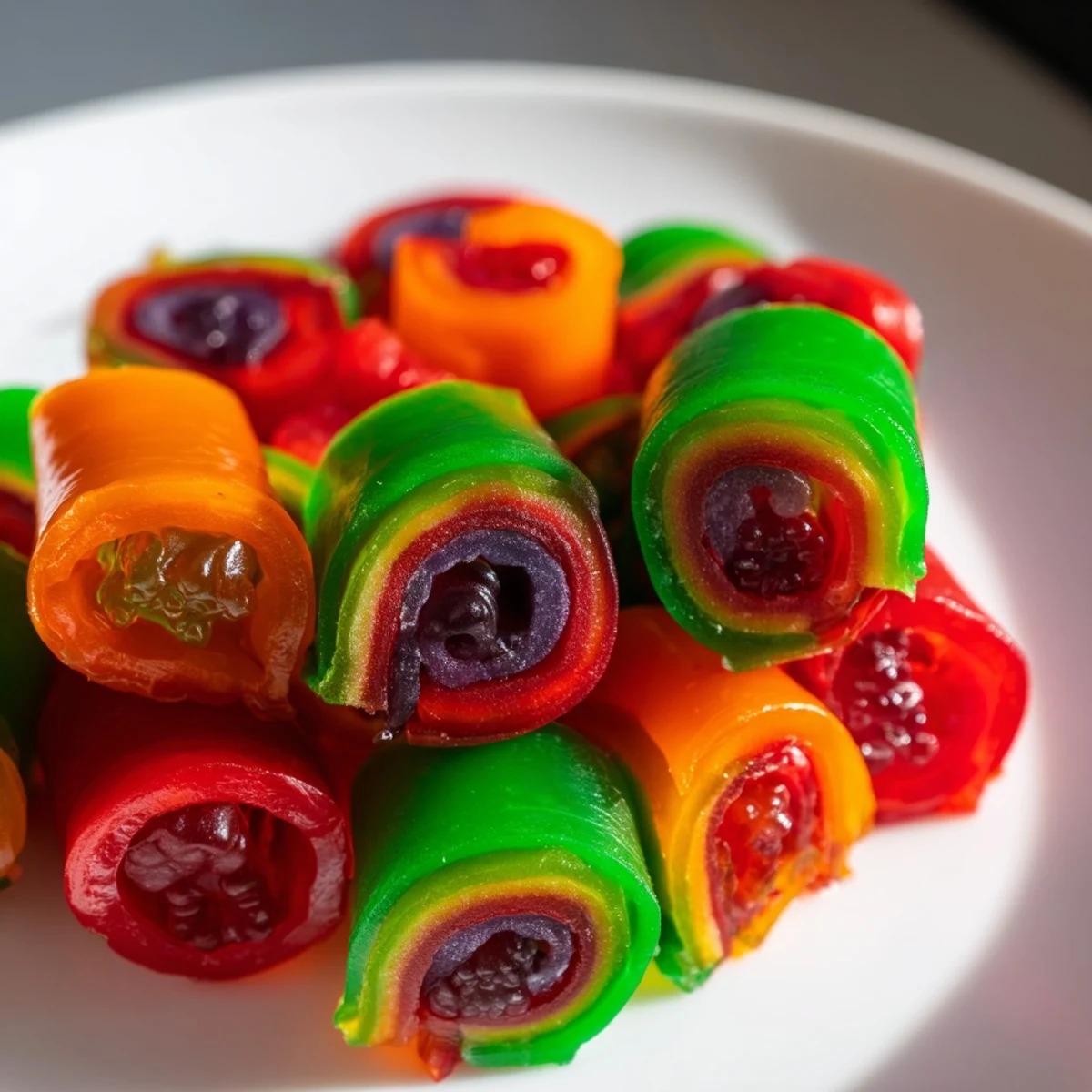 Delicious fruit-flavored Rainbow Candy Roll Ups featuring chewy roll-ups and assorted gummy fillings.