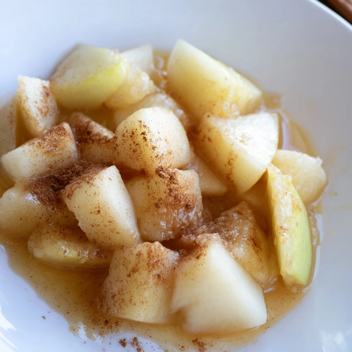Golden Slow Cooker Stewed Apples, glistening, ready to spoon over yogurt or ice cream for dessert.