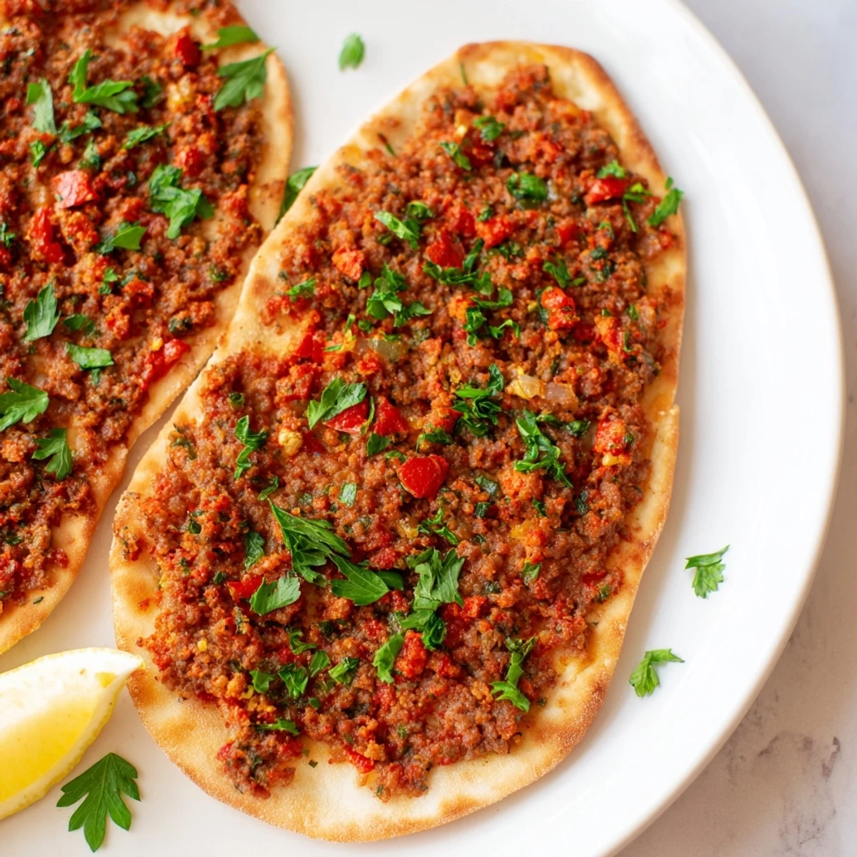 A close-up image shows the thin, flavorful Turkish Lahmacun with fresh toppings and herbs.