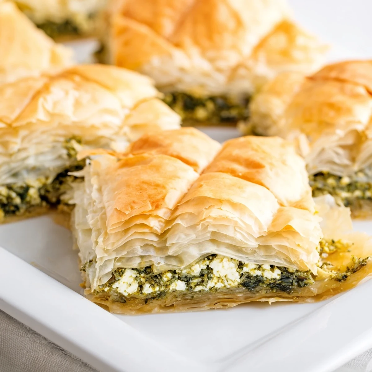 Golden, flaky layers of Greek spanakopita reveal a savory spinach and feta filling, ready to serve.