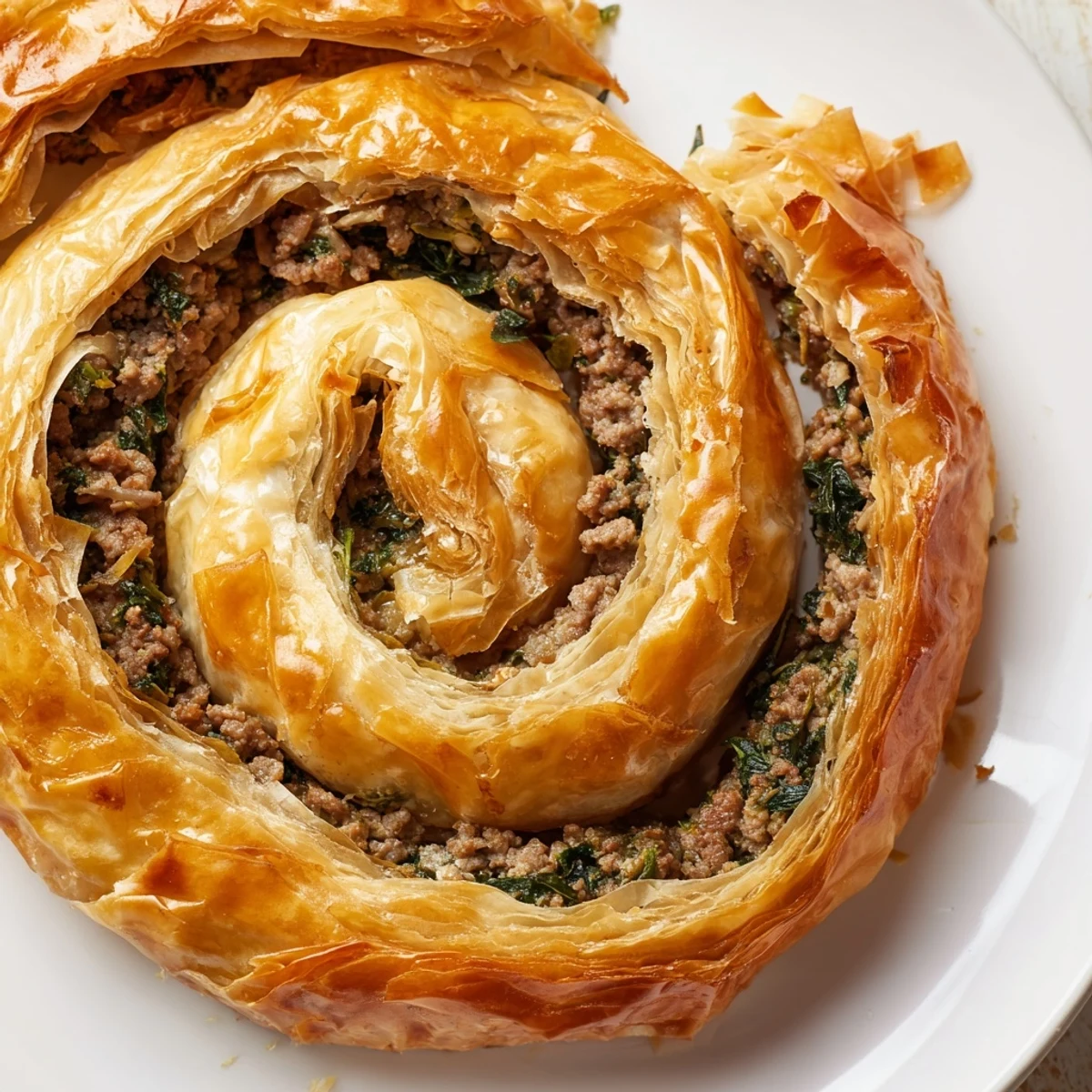 Golden, flaky Bosnian Burek pastry spiral filled with savory ground beef and spinach, ready to serve.