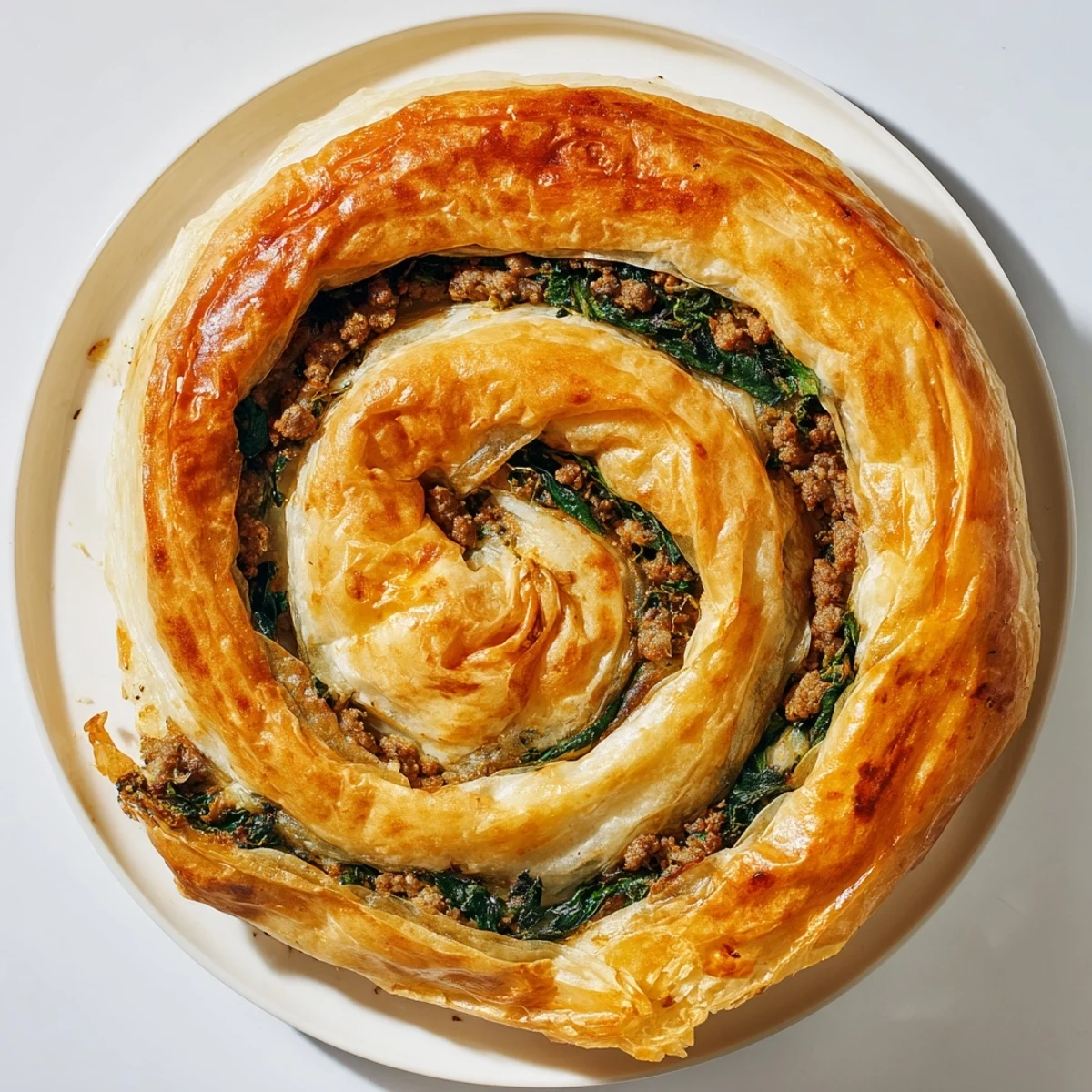 A close-up of a warm, perfectly baked Bosnian Burek, its crispy layers filled with seasoned meat.