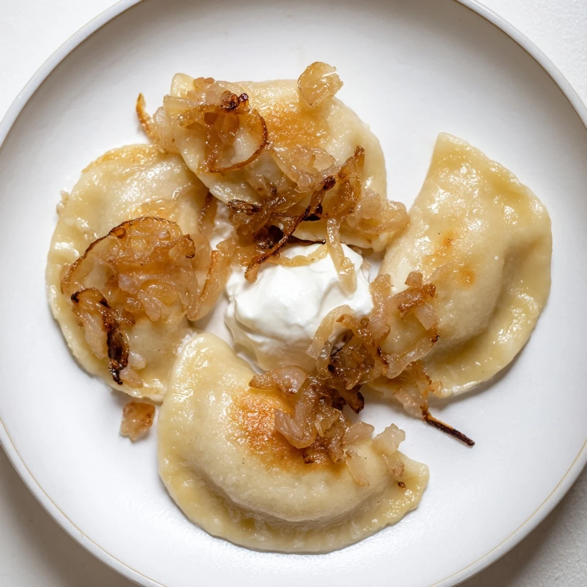 A plate of warm, savory Polish pierogi, crispy from pan-frying, ready to be enjoyed.