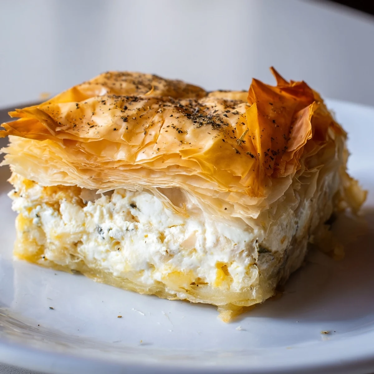 Warm from the oven, a Serbian Gibanica showcases a golden crust, perfect for a savory appetizer.