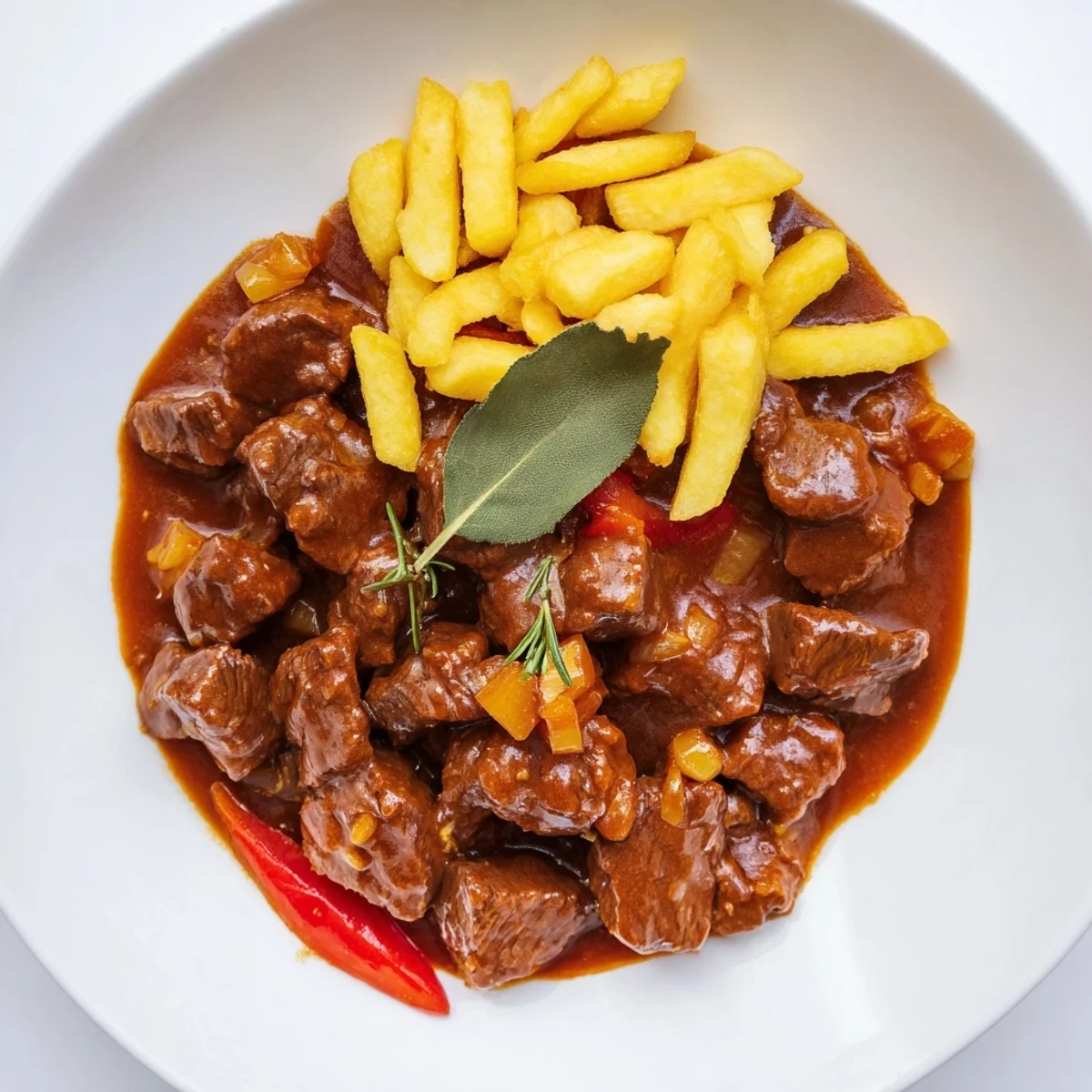 Tender beef Czech Goulash Potato, in a rich sauce, served with golden, crispy fried potato strips.