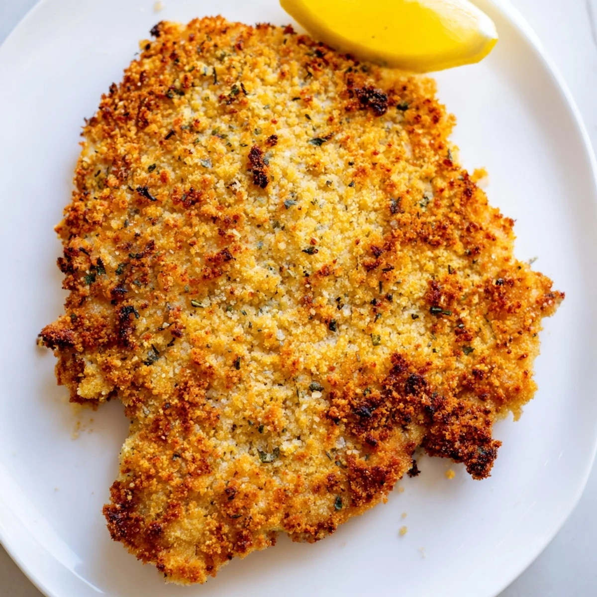 Tender Crispy Parmesan Chicken Cutlet with a crunchy golden crust, ready to be enjoyed with lemon wedges.