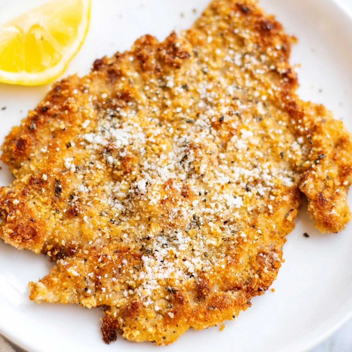 Crispy Parmesan Chicken Cutlet served on a rustic platter with a fresh arugula salad and lemon slices.