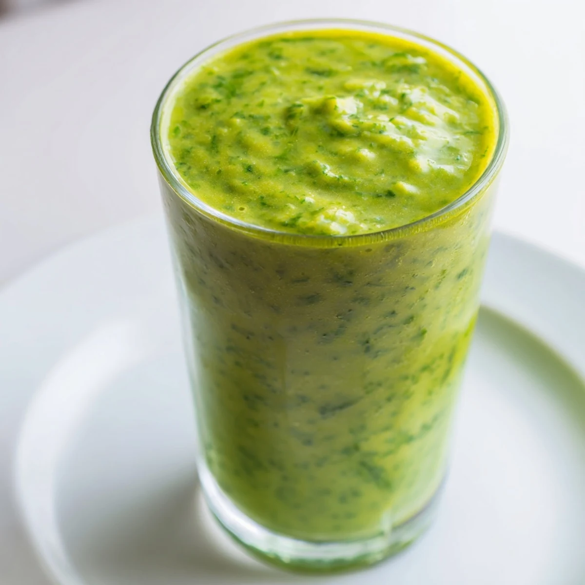 A glass of vibrant green Spinach-Hidden Smoothie, garnished with fresh mango and pineapple chunks, served on a sunny kitchen counter.