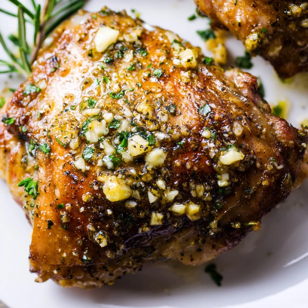 Golden, crispy-skinned Garlic Butter Chicken Thighs roasted with herbs in a rich, bubbling butter sauce.