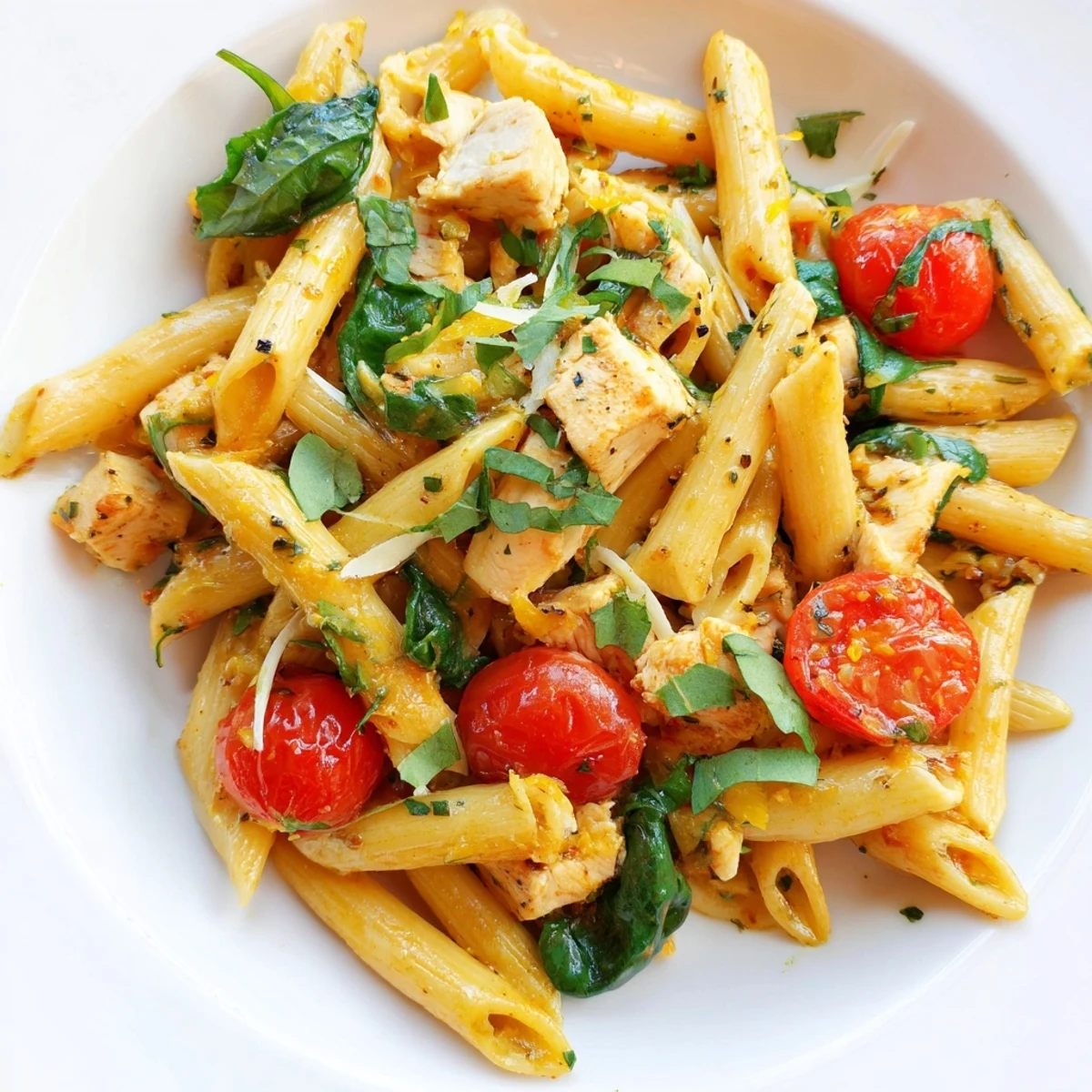 Juicy golden-brown chicken and al dente pasta swirl in a skillet with bright lemon and herbs.