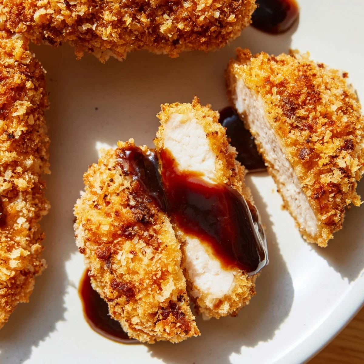 Golden, panko-crusted Chicken Katsu sliced and served with tangy tonkatsu sauce and fresh shredded cabbage on a white plate.  