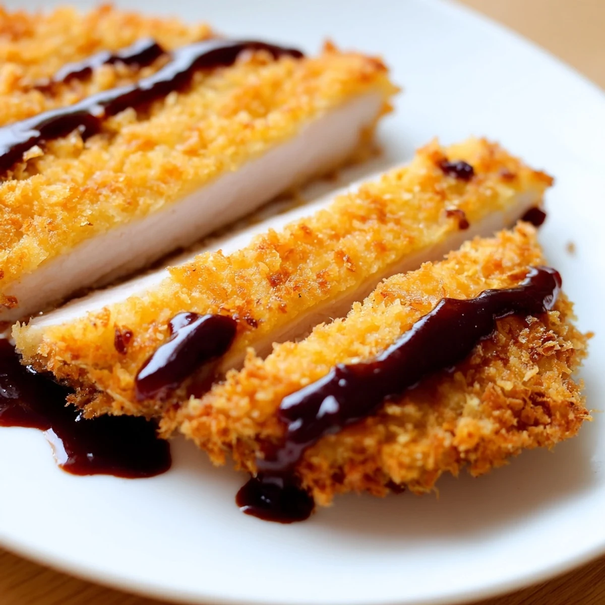 A crispy Japanese Chicken Katsu cutlet, golden-fried and drizzled with homemade tonkatsu sauce, served with steamed rice and lemon.  