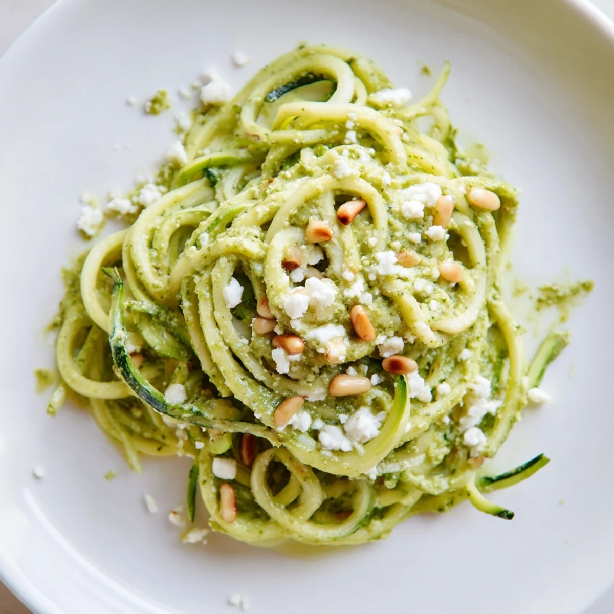 Freshly spiralized zucchini noodles tossed in vibrant tomato basil sauce, topped with grated Parmesan and fresh basil for a light, flavorful meal.