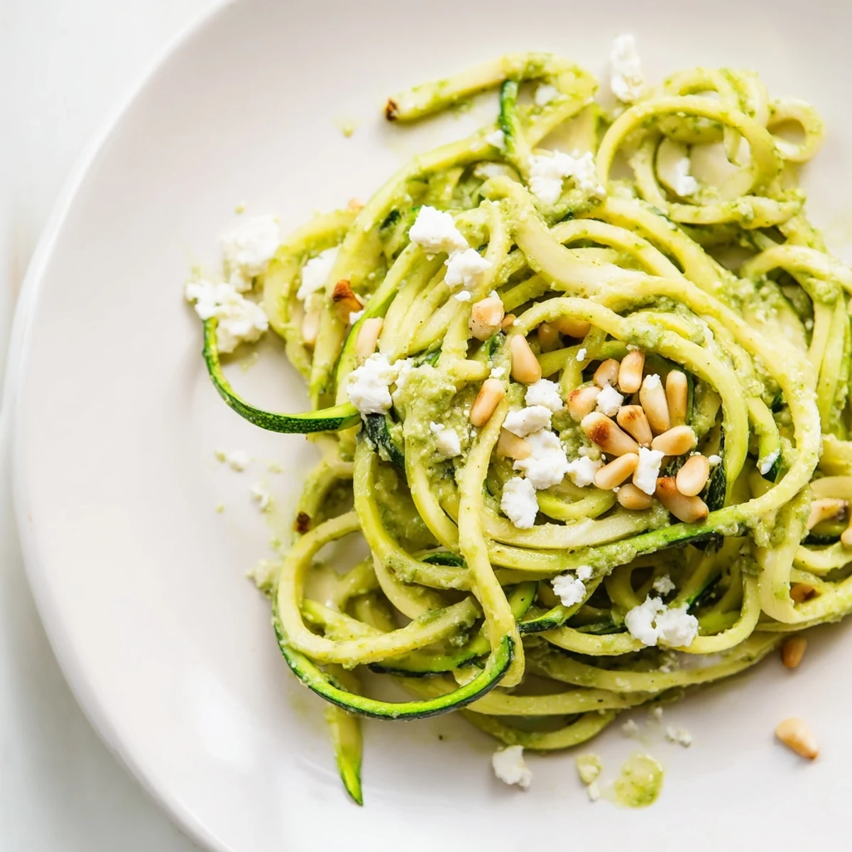 Creamy avocado pesto coats tender zucchini noodles, garnished with toasted pine nuts and a sprinkle of red pepper flakes for a colorful, healthy dish.