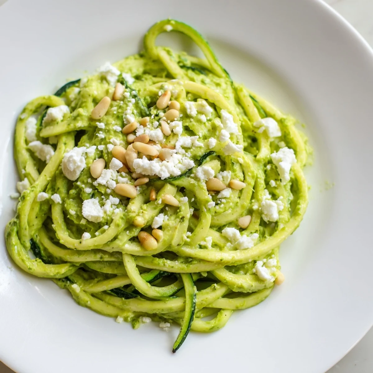 Sautéed zucchini noodles served in a bowl with cherry tomatoes and crumbled feta, showcasing a quick, low-carb pasta alternative.