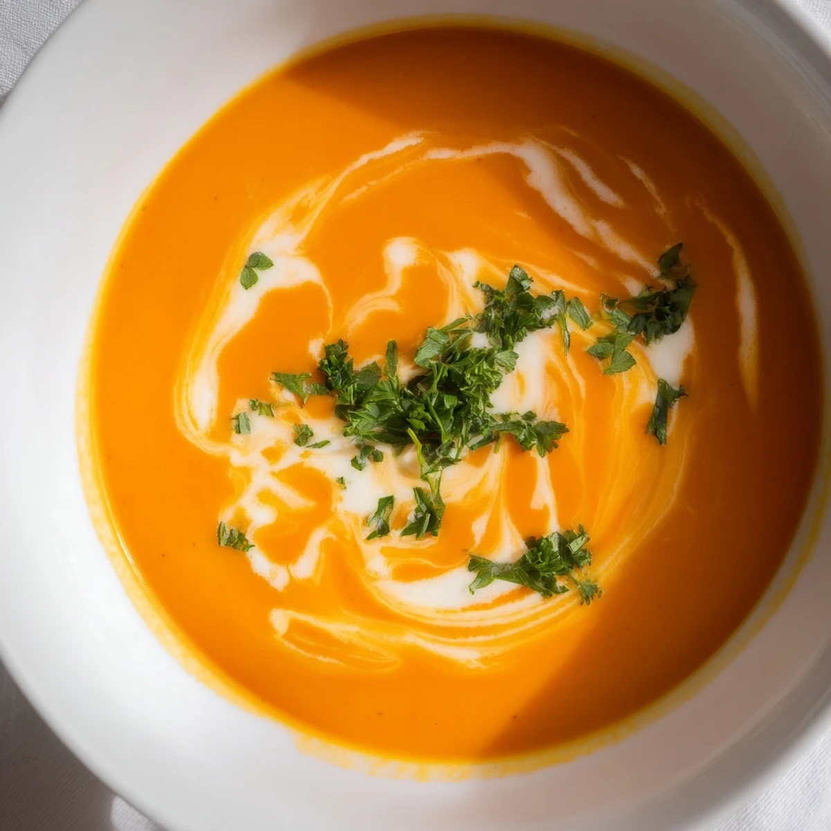A bowl of creamy Carrot-Based Creamy Soup garnished with fresh parsley and a swirl of cream, served steaming hot.  