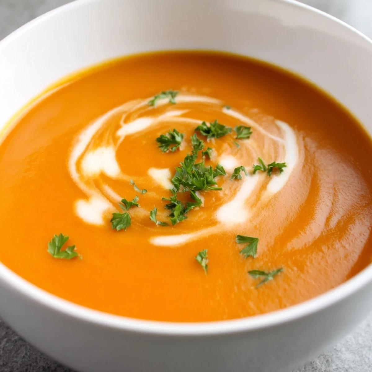 A comforting Carrot-Based Creamy Soup, bright orange and smooth, garnished with herbs for a fresh finish.