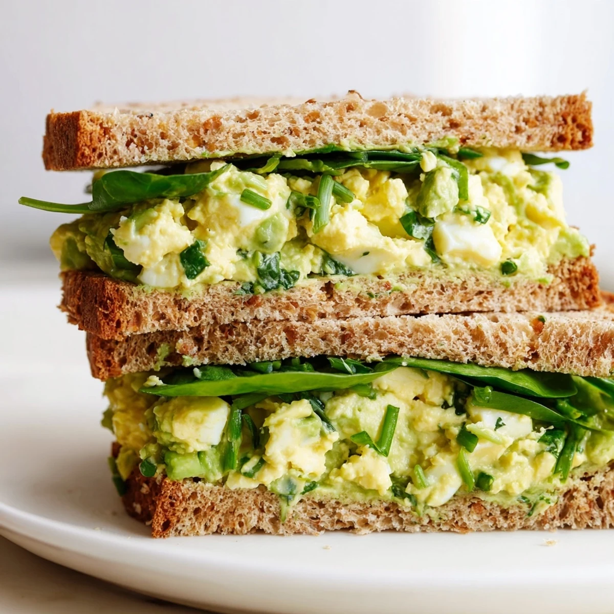 Golden toasted bread slices overflowing with creamy Avocado Egg Salad Sandwich, garnished with fresh chives and spinach.