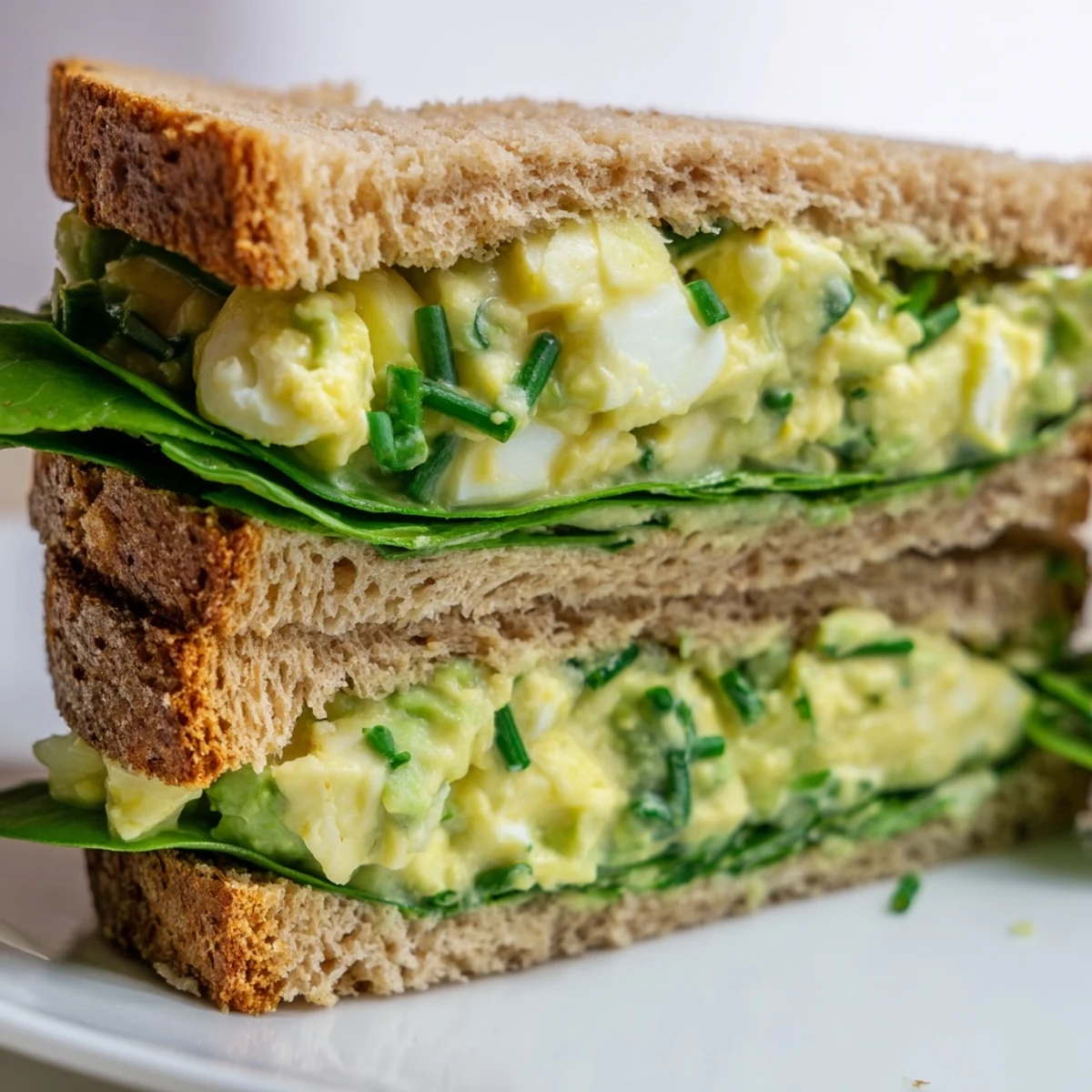 Avocado Egg Salad Sandwich on whole grain bread with sliced tomato, served on a rustic wooden cutting board.