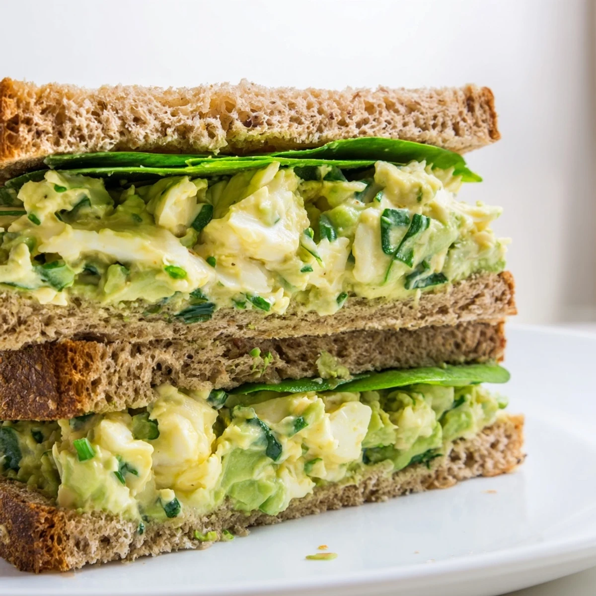 Homemade Avocado Egg Salad Sandwich stacked high, featuring chunky egg and avocado filling with a hint of lemon zest.