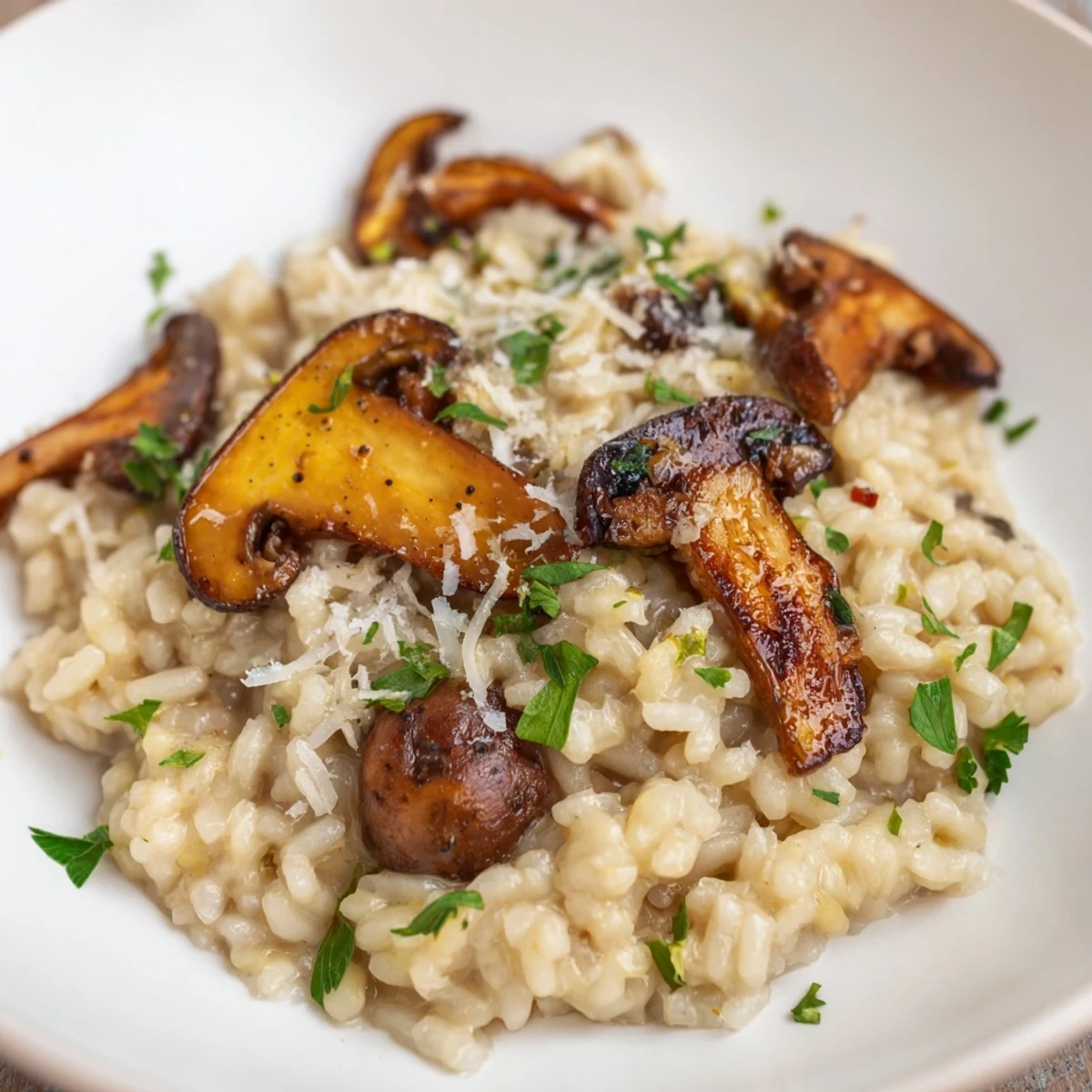 A close-up of creamy roasted mushroom risotto, topped with golden caramelized mushrooms and fresh parsley, served in a rustic bowl.