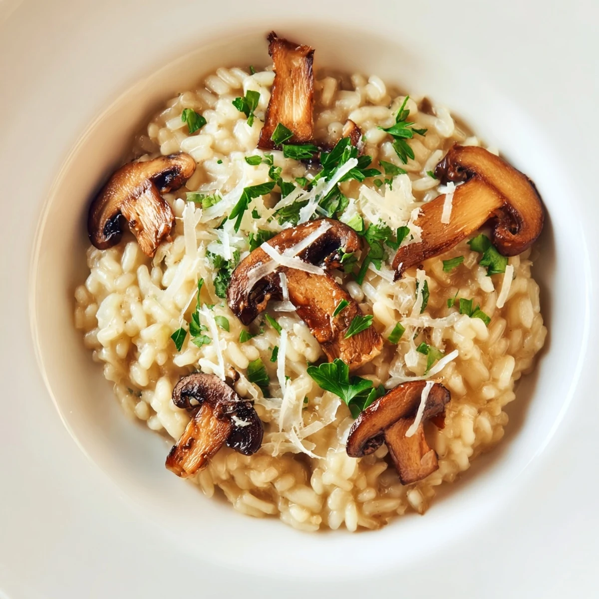 Rich, creamy vegetarian roasted mushroom risotto in a white ceramic dish, garnished with fresh thyme and extra Parmesan cheese.