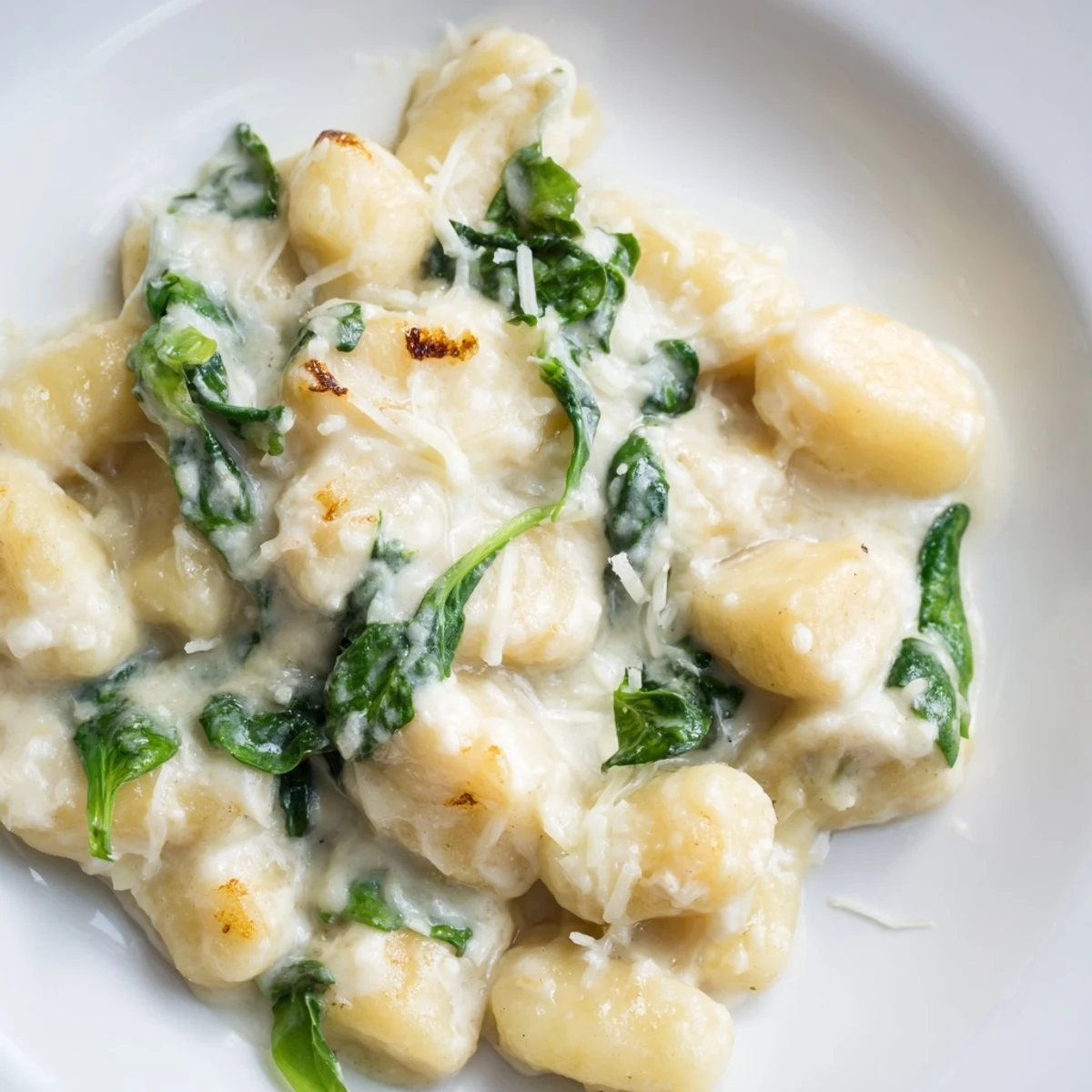 Creamy Garlic Gnocchi twirled on a fork, coated in velvety Parmesan garlic sauce with tender spinach leaves.  