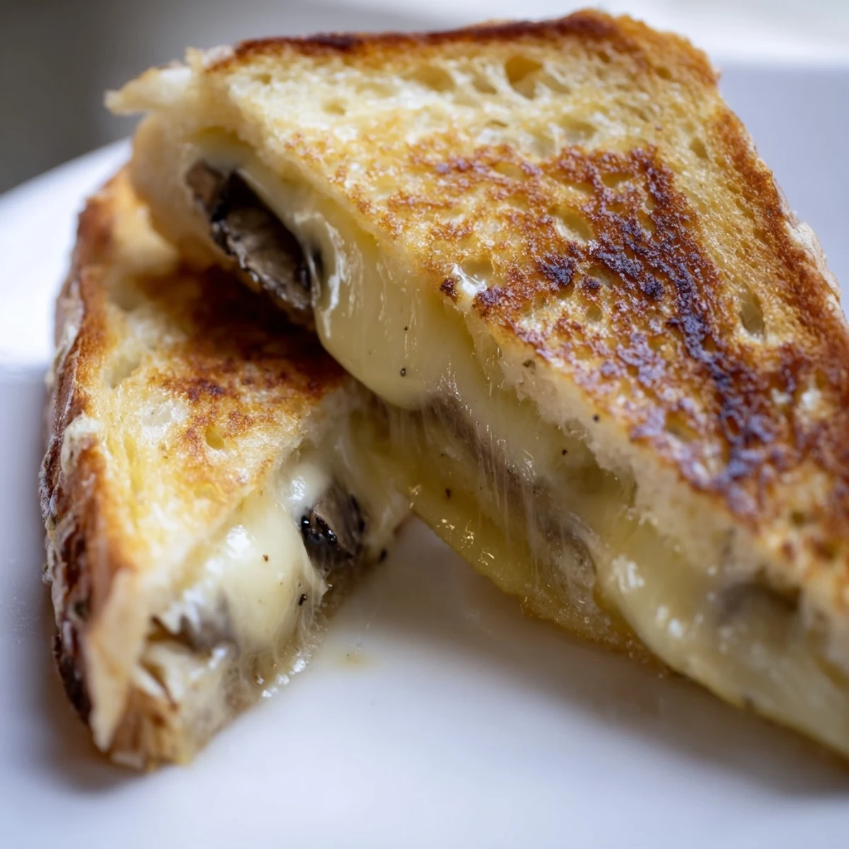 Golden-brown Truffle Grilled Cheese sandwiches sit on a wooden board, showcasing melted Gruyère oozing from crispy, buttery sourdough slices with a side salad.  
