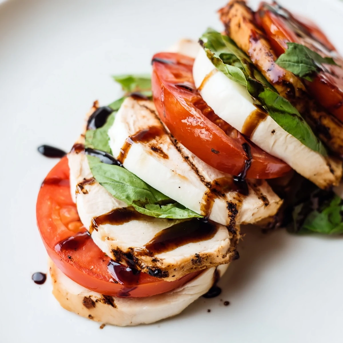 Grilled chicken slices top a vibrant Chicken Caprese Salad with ripe tomatoes, fresh mozzarella, and basil, drizzled with balsamic glaze. 