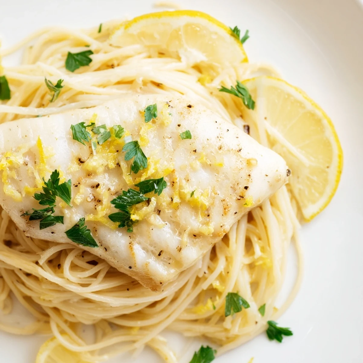 A vibrant plate of Lemon Bass Pasta with grilled white fish atop spaghetti tossed in a zesty lemon-butter sauce.  