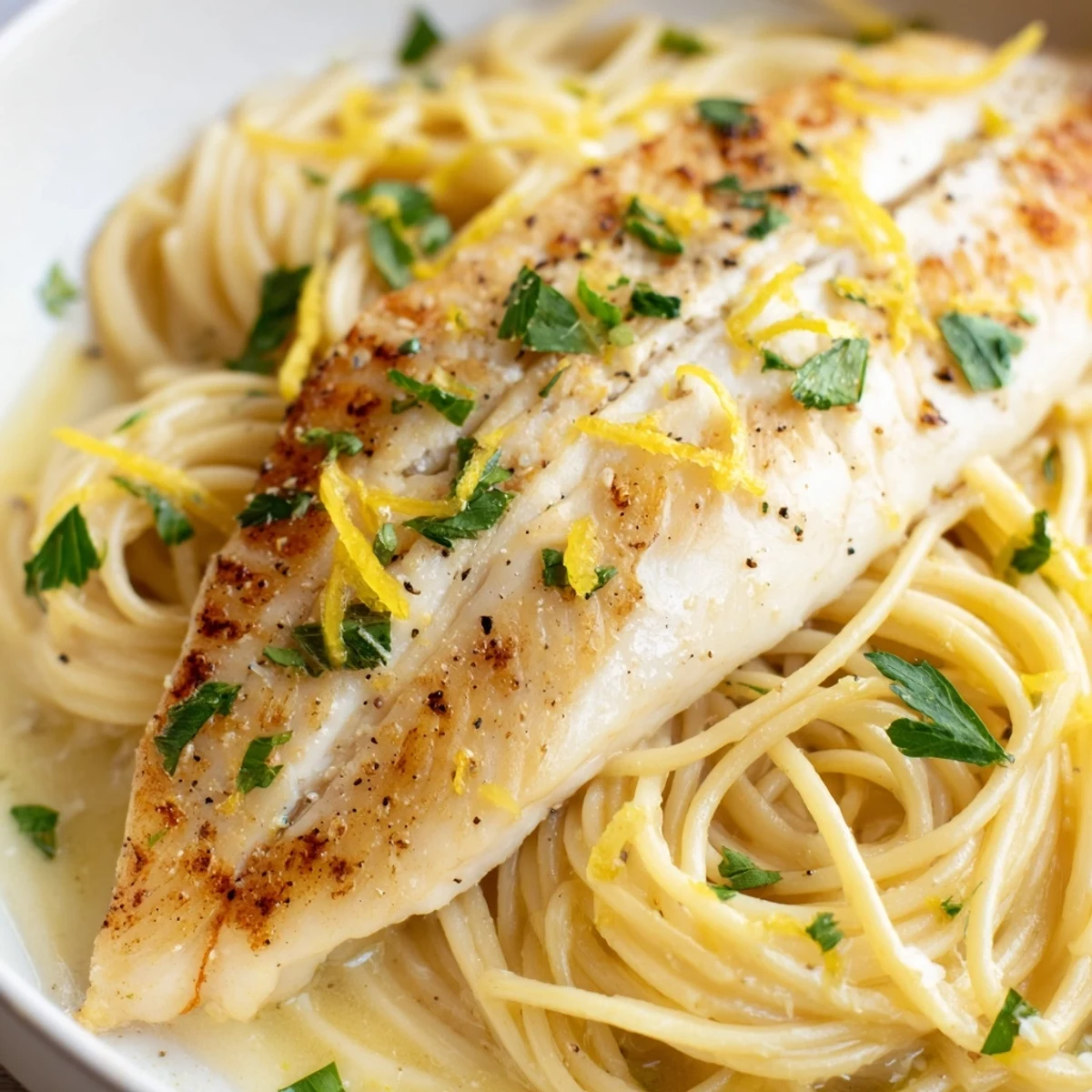 Grilled fish fillet on a bed of Lemon Bass Pasta, featuring a bright lemon-butter sauce and fresh herbs.