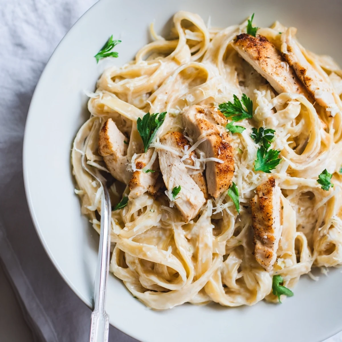 Creamy Cajun Chicken Alfredo with tender, spice-rubbed chicken strips and fettuccine coated in a rich Parmesan sauce.