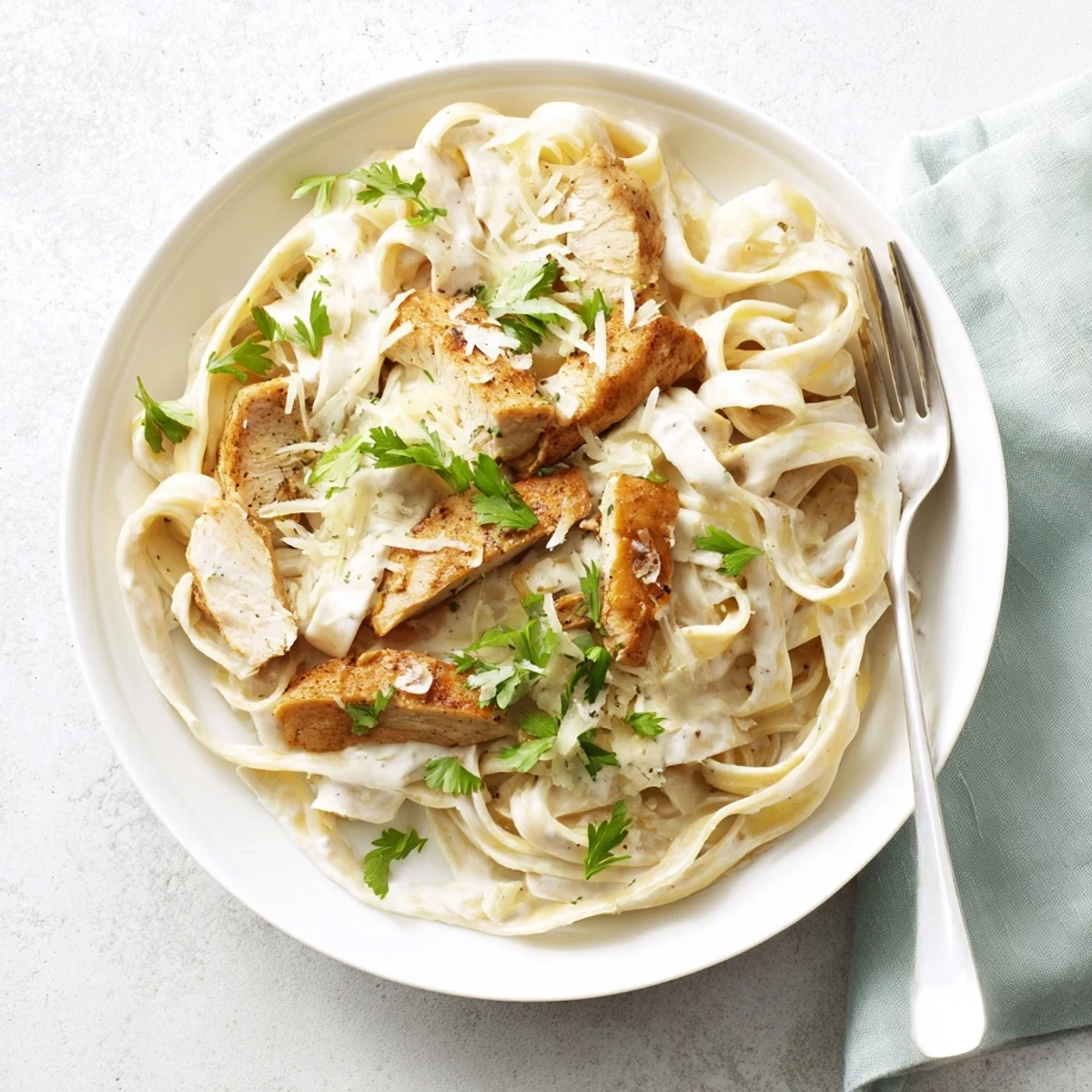 Golden, Cajun-seasoned chicken slices rest on silky Alfredo-coated pasta, garnished with fresh parsley for a vibrant, aromatic touch.