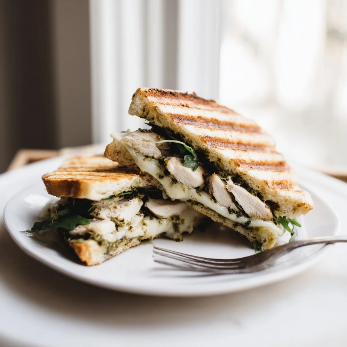 Golden-brown grilled Chicken Pesto Panini with melted mozzarella oozing from toasted ciabatta bread.  
