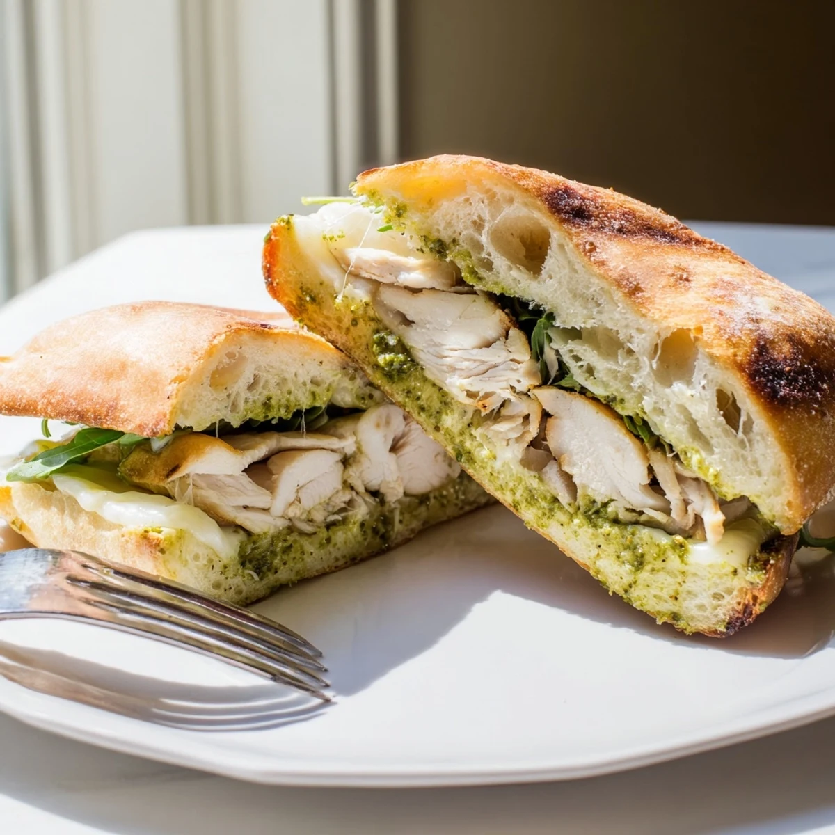 Freshly pressed Chicken Pesto Panini served warm on a rustic wooden cutting board with a side of arugula.