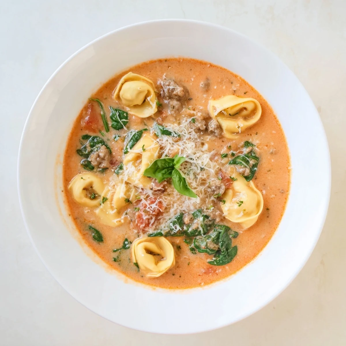 Creamy Tuscan Tortellini Soup with Italian sausage, spinach, and cheese tortellini in a rich tomato broth, served in a rustic bowl.