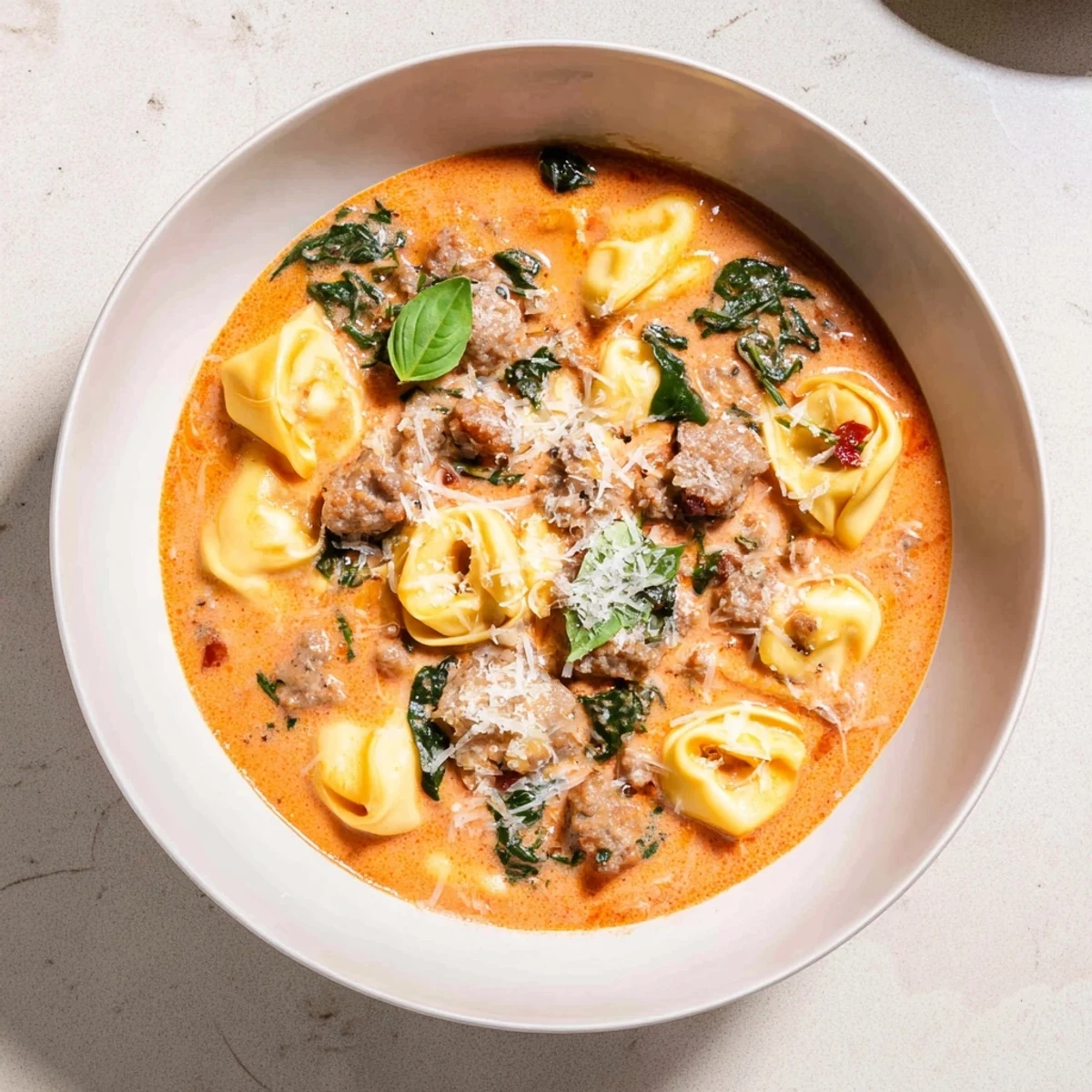 Hearty Tuscan Tortellini Soup simmers with spicy sausage, wilted spinach, and tender tortellini in a creamy, aromatic tomato broth.