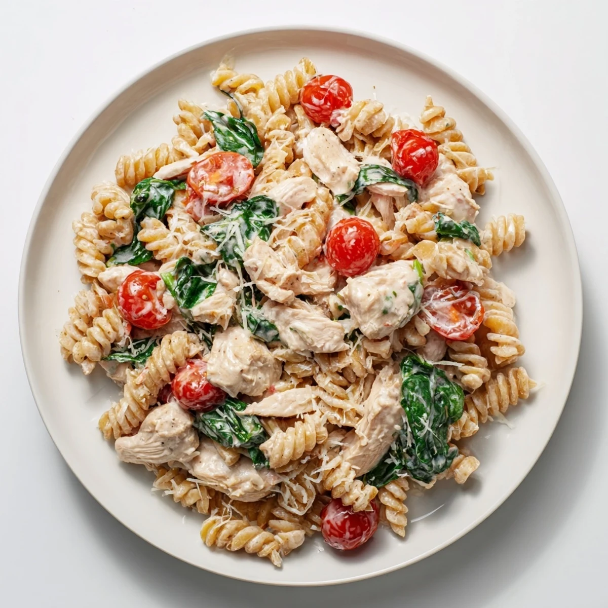 Creamy Greek Yogurt Chicken Pasta garnished with fresh basil and Parmesan, served in a white bowl with a rustic background.