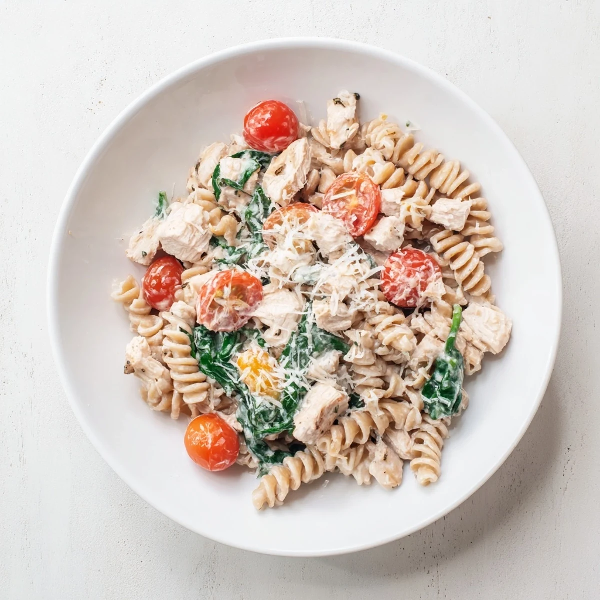 Hearty Greek Yogurt Chicken Pasta served al dente, with golden chicken, vibrant spinach, and a luscious sauce, ready for a family dinner.