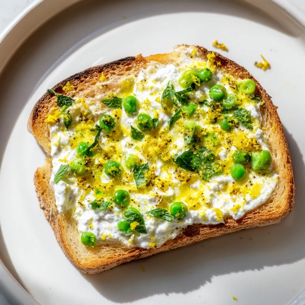 The vibrant green pea and mint ricotta spread is generously piled on golden, crispy sourdough toast, finished with bright lemon zest.