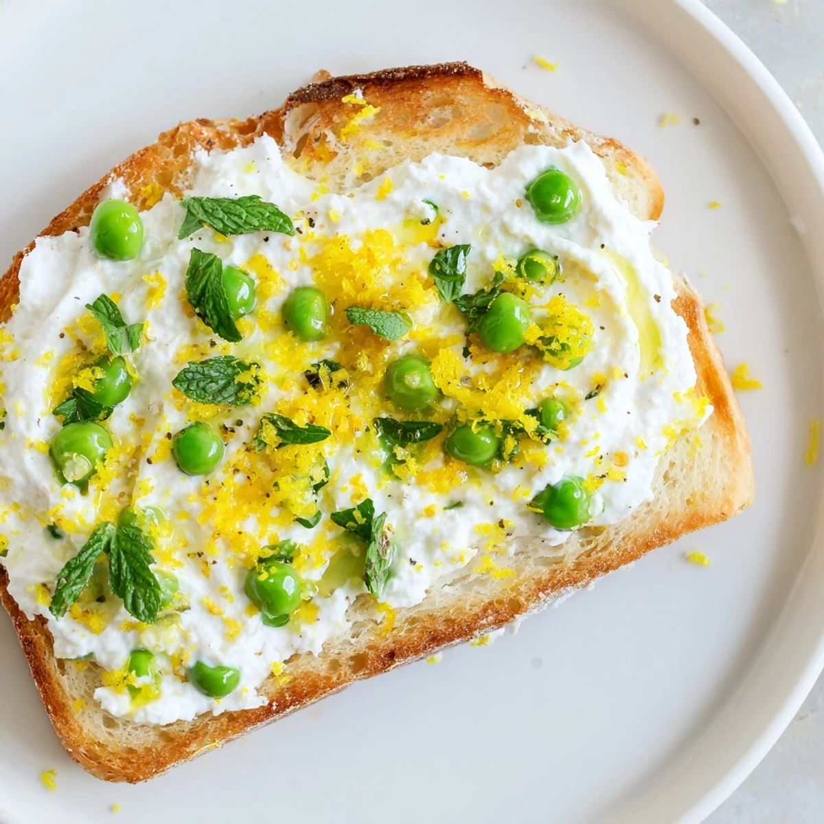 A close-up shows crunchy sourdough slices slathered with vibrant pea and mint ricotta, ready for a quick breakfast or brunch.