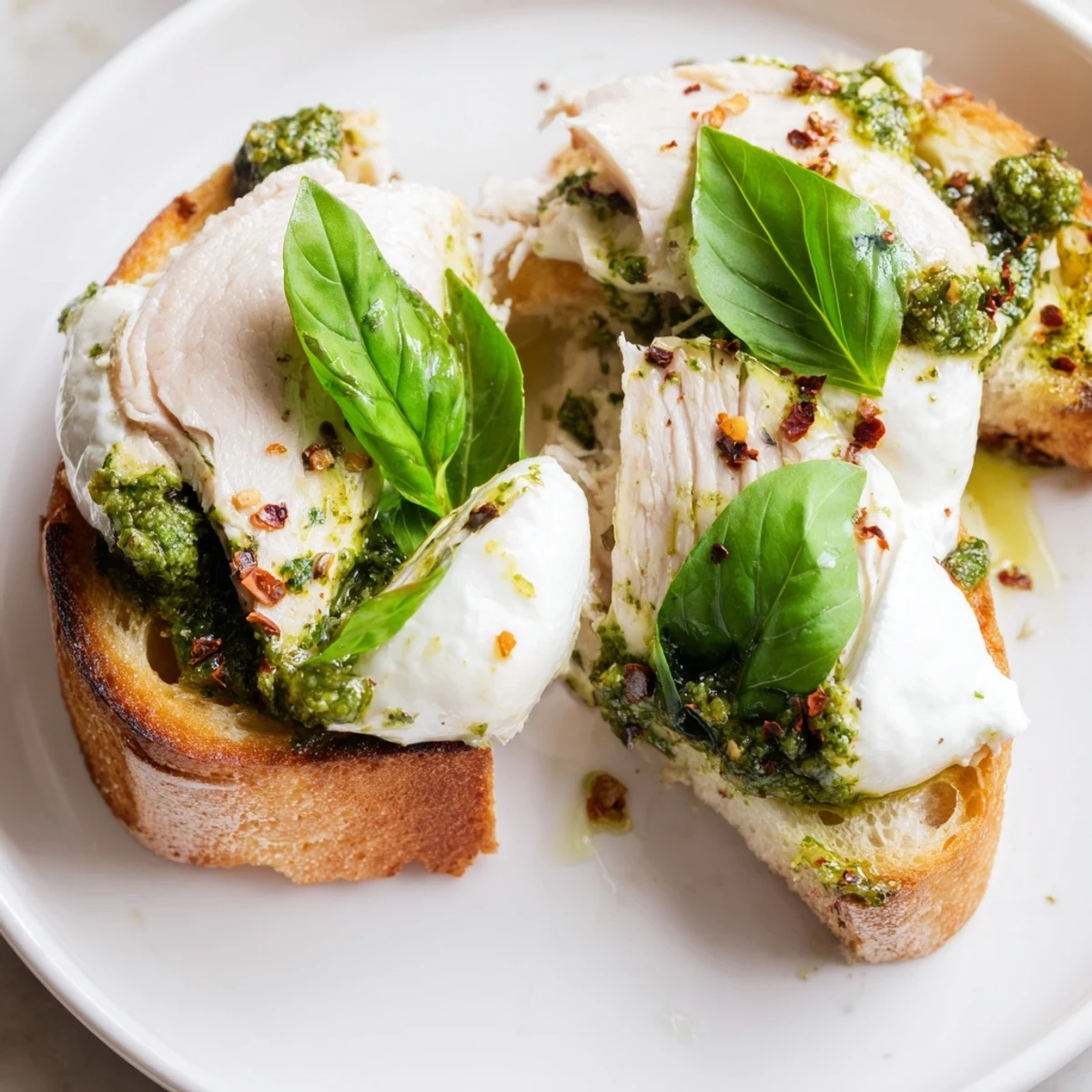 Golden-brown sourdough toast topped with creamy burrata, sliced pesto chicken, and fresh basil garnish.  
