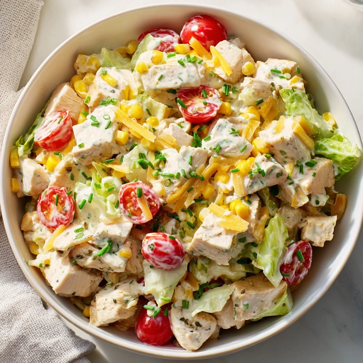 Freshly tossed Ranch Chicken Chopped Salad with crisp romaine, sweet corn, and sharp cheddar, drizzled with creamy Greek yogurt ranch. 