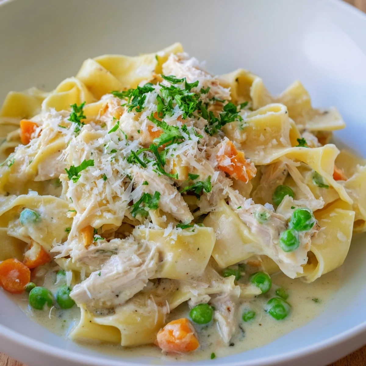Golden egg noodles swirl in a creamy sauce with tender shredded chicken, sweet peas, and diced carrots in this cozy Spring Chicken Noodle Skillet.  