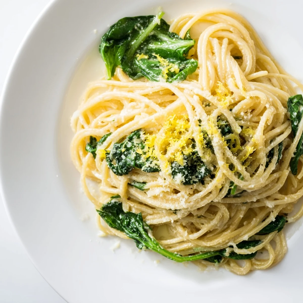 Creamy Lemon Spinach Spaghetti twirled in a luscious lemon cream sauce with vibrant wilted spinach, served in a warm bowl.  