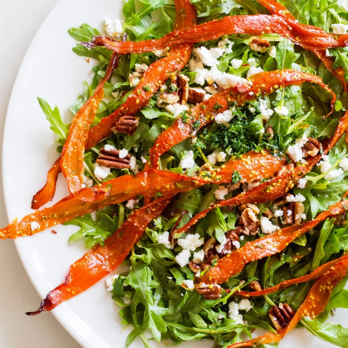 A beautiful close-up of Roasted Carrot Ribbon Salad featuring crumbled feta cheese, toasted pecans, and a drizzle of honey-mustard vinaigrette.