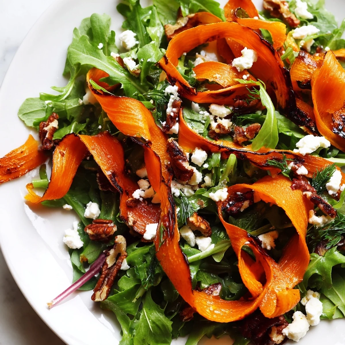 Elegant Roasted Carrot Ribbon Salad served as a light meal, garnished with fresh dill and thinly sliced red onion on a rustic plate.